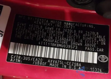 2021 Toyota Camry Se Awd z USA, uszkodzony, nr VIN 4T1T11BK8MU039573